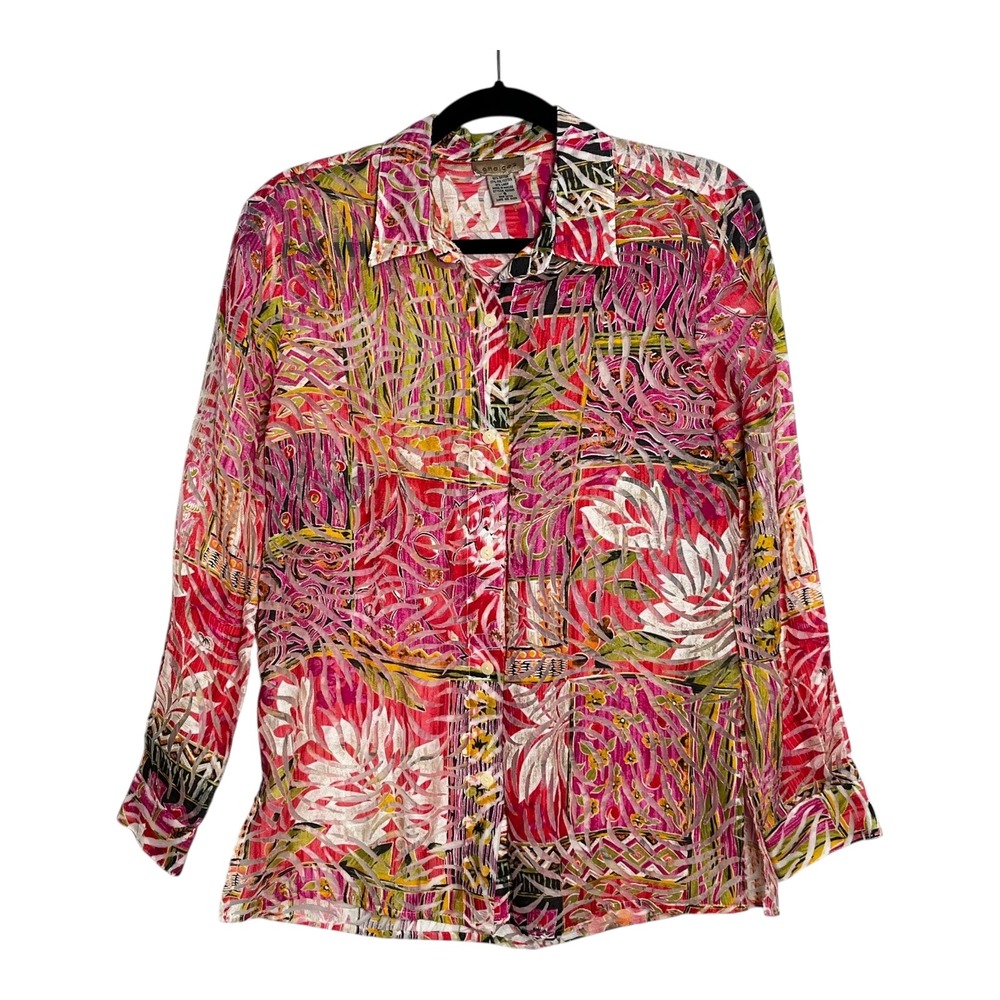 Choices Women Small Pink Abstract Floral Linen Blend Button Up Blouse 1551525